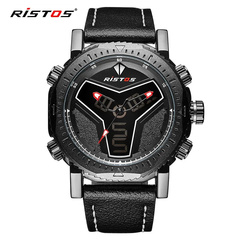 black white Ristos многофункциональные Мужские часы с кожаным ремешком модные спортивные кварцевые часы Reloj Hombre цифровые аналоговые светодиодный наручные часы 9341 - Цвет: black white