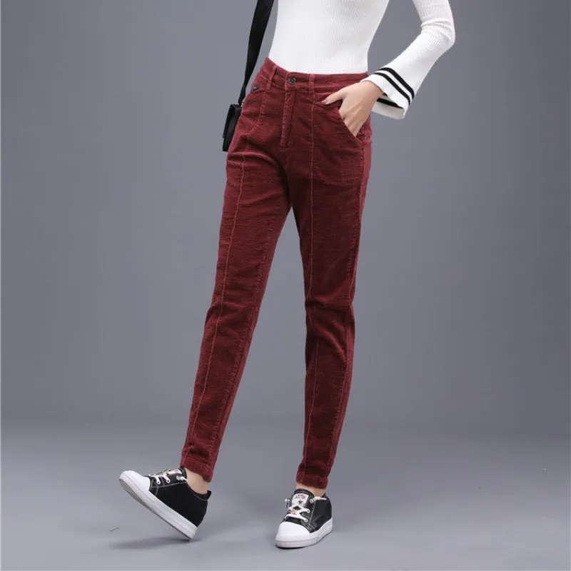 Штаны-шаровары, женские брюки с высокой талией, женские свободные повседневные вельветовые брюки, женские флисовые брюки большого размера, женские теплые зимние - Цвет: wine red