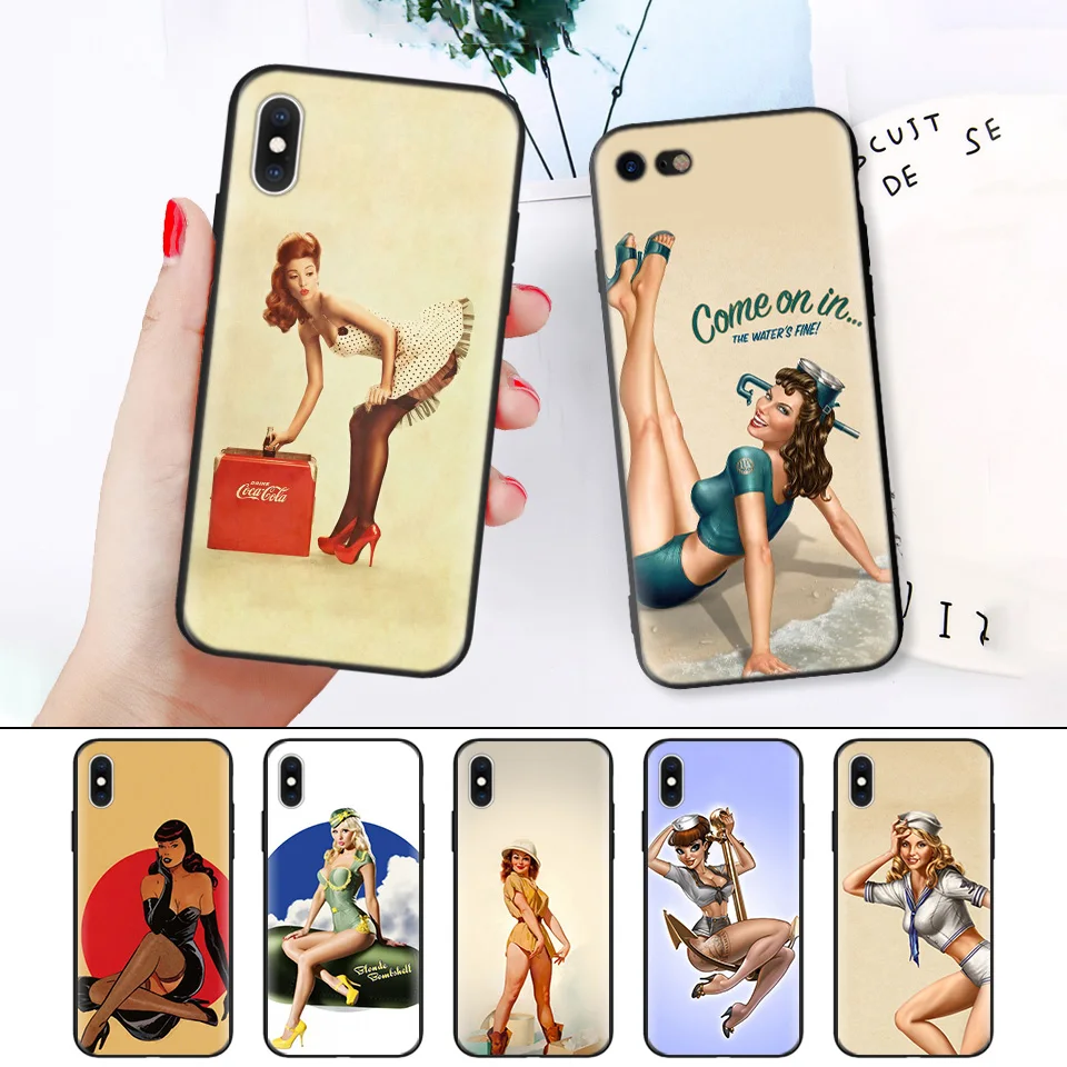 

Black Rubber Soft Silicone Case Bag Cover for iPhone XS XR X 7 8 6 6S 5C 5E 5S 5 Plus Max Shell Fundas PinUp Girls Pin Up Girl