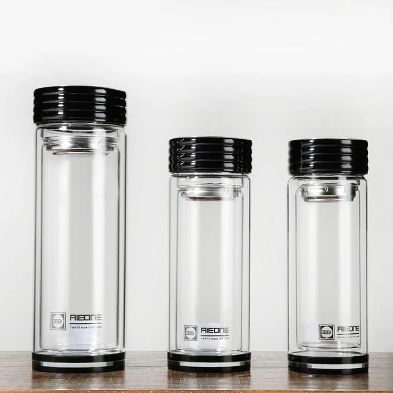 Portable Crystal Flask Water Tea Infuser Glass Tumbler Double Wall