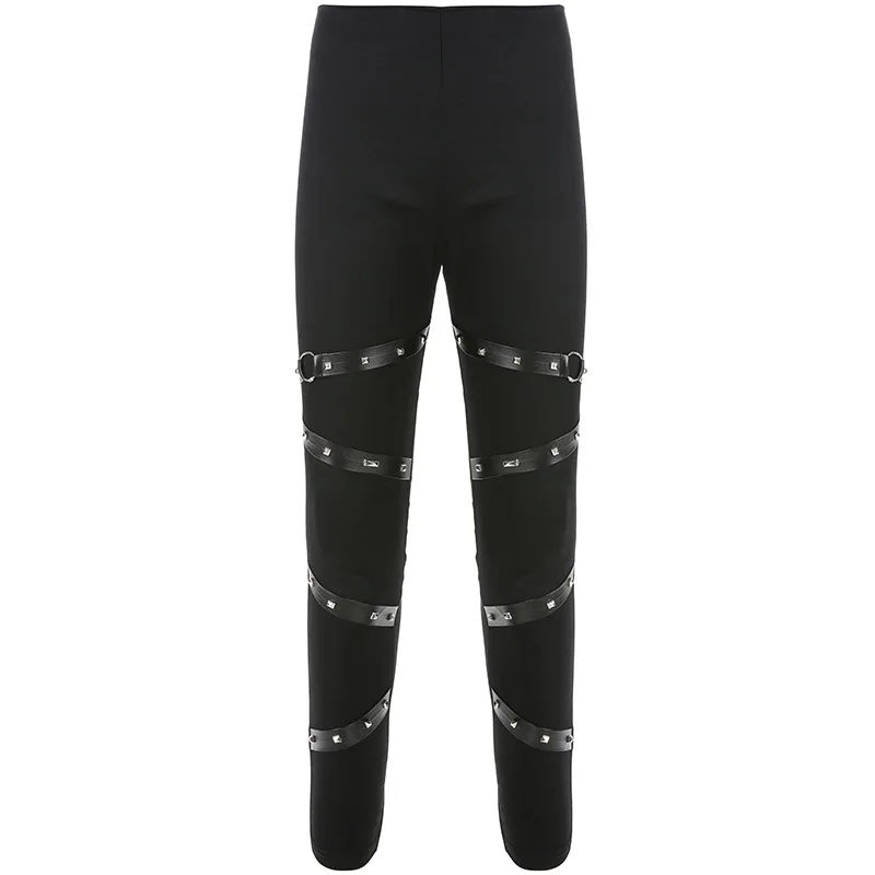 Черные уличные готические женские узкие брюки, обтягивающие лоскутные брюки с заклепками, женские брюки-карго с высокой талией - Цвет: Черный