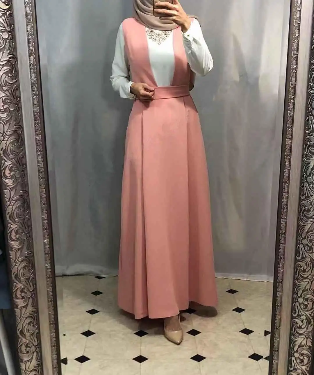 Мусульманская женская юбка на подтяжках, высокая талия, длинные макси юбки, комбинезоны, мусульманская абайя, низ, сплошной цвет, Рамадан, скромная Мода - Цвет: Розовый