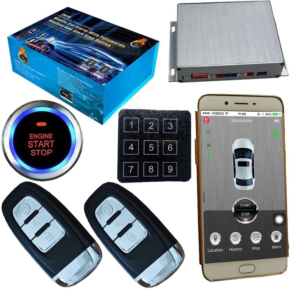 pke gsm&gps car security alarm system with mobile app control passwords keyless emergency entry