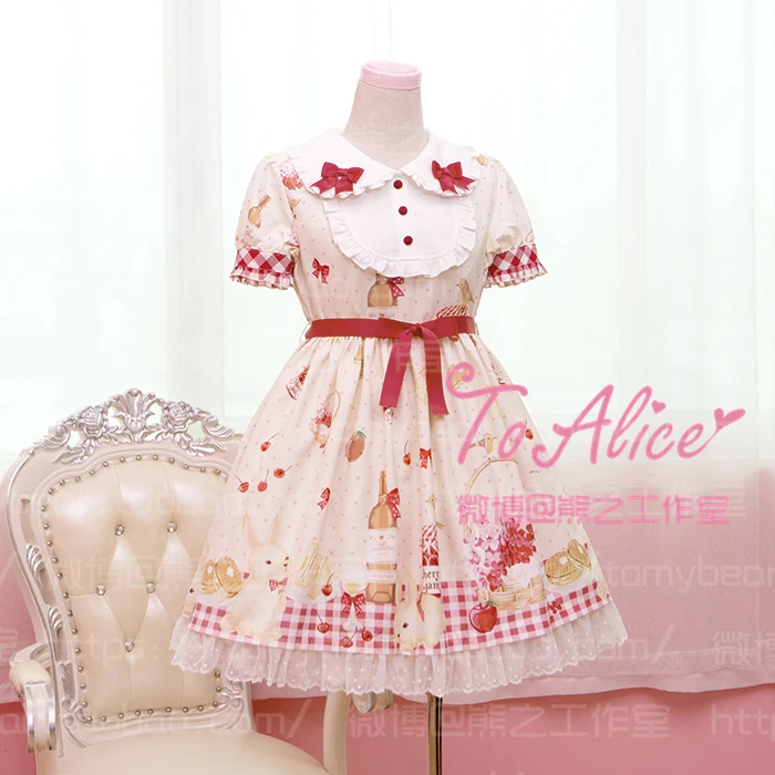 

Super Cute Girls Spring Pinic Day Strawberry Cherry Patterns Lolita Dress Little Bunny Rabbit Bows One Piece 3 Colors