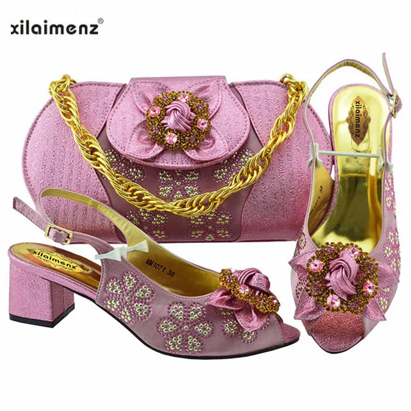 

New Shop 40% Discount Ladies Pink Color Italian Shoes with Matching Bags High Heels Sandals Decorated with Appliques
