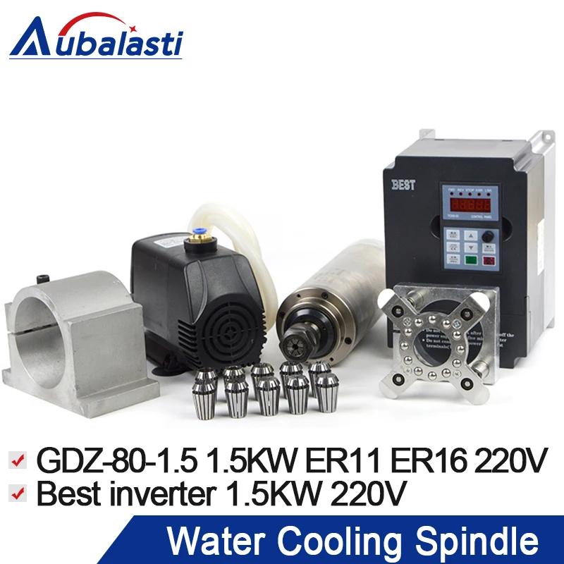 

Water Cooling CNC Spindle GDZ-80-1.5 1.5KW ER11 ER16+Best Inverter 1.5KW 220V+Chuck ER11 ER16+Spindle Clamp 80mm+Silicon Tube