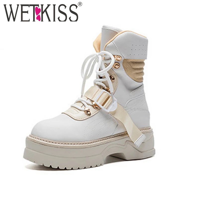 

WETKISS Genuine Leather Women Ankle Army Boots Round Toe Footwear Motorcycle Female Boot Punk Platform Shoes Woman Autumn 2018