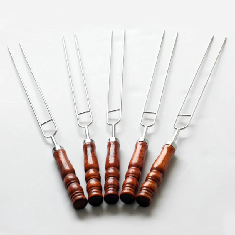 New 6pcs/set U-shaped Barbecue Needle Skewers with Wooden Handle Stainless Steel Forks Outdoor Camping Accessories Cooking Tool