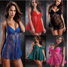 Sexy Lingerie Hot Transparent lace straps pajamas Lingerie Deep V-Neck Perspective Sexy Costumes Babydoll Underwear+T pants