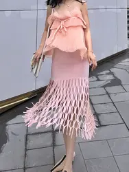 Лето 2019 Air хлопка темно-цветок перфорированные Высокая поясная сумка юбка раздел светло-розовый модные, пикантные элегантные юбки женские