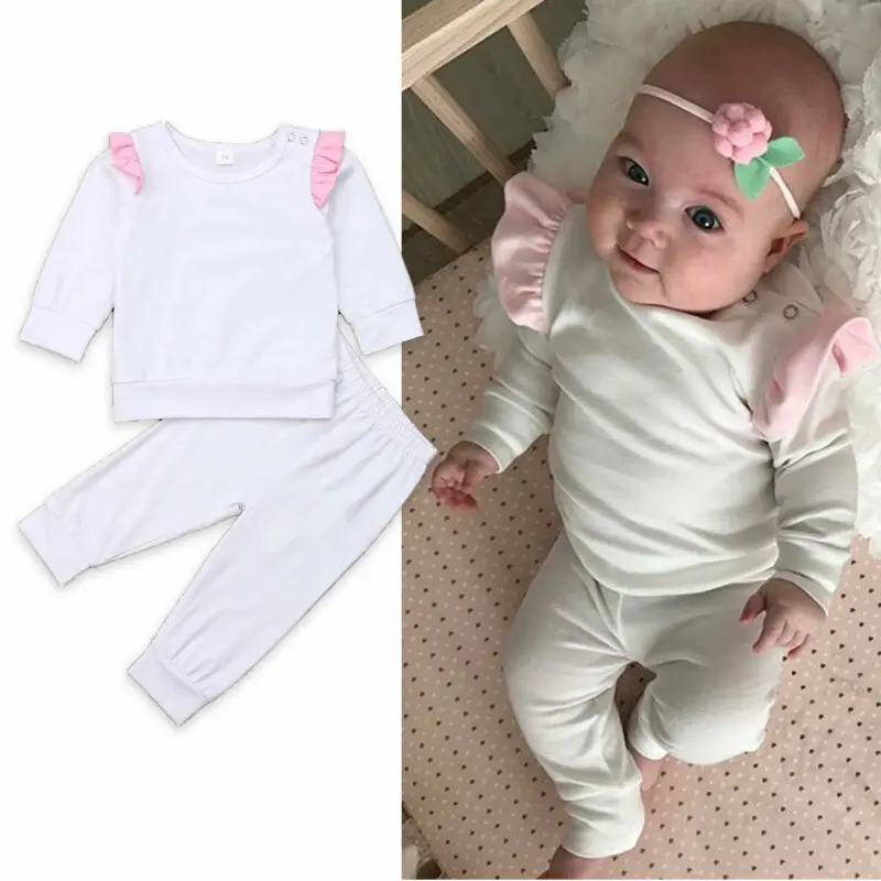 

2019 New Newborn Baby Girl Pure White Long Sleeve Top Pants Cotton Spring Autumn Clothes 2pcs Outfits Dropshipping