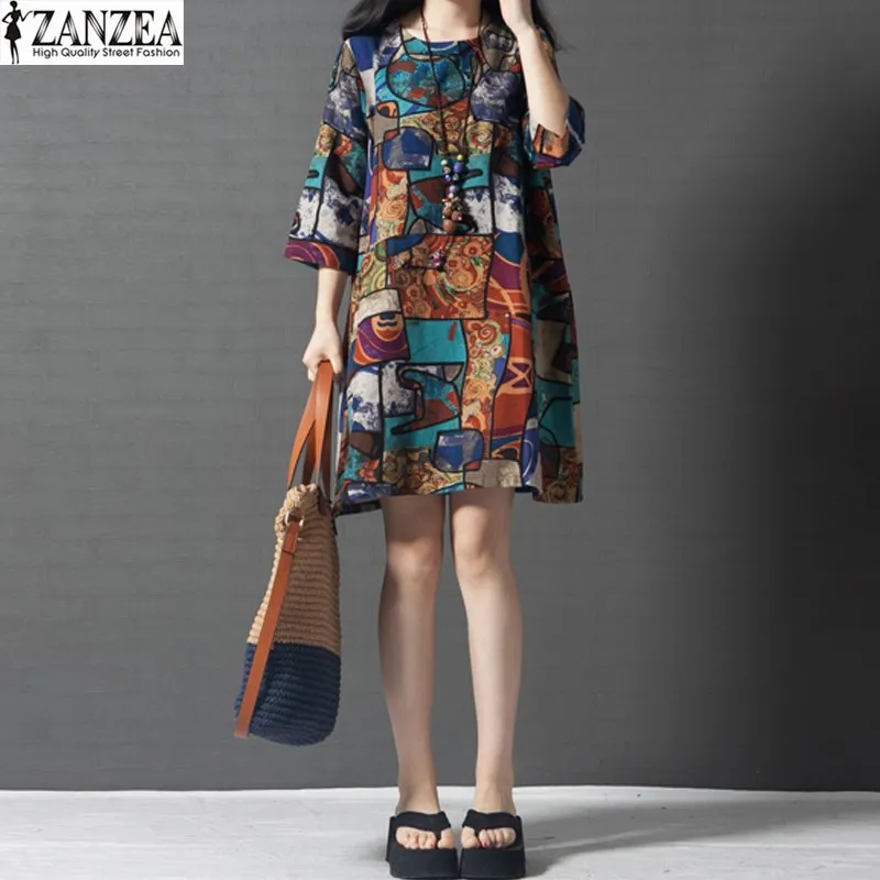2017 ZANZEA Womens Vintage Floral Print Crewneck 3/4 Sleeve Cotton Pockets Tunic Mini Dress Summer Vestido Plus Size plus-floral-dress : image 2017 ZANZEA Womens Vintage Floral Print Crewneck 3/4 Sleeve Cotton Pockets Tunic Mini Dress Summer Vestido Plus Size plus-floral-dress