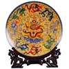 Fengshui Art Ceramic Ornamental Plate Ancient China Nine Dragons Decoration Wood Base Porcelain Traditional Chinese Plate Set 2