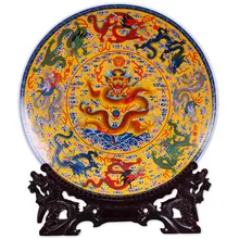 Fengshui Art Ceramic Ornamental Plate Ancient China Nine Dragons Decoration Wood Base Porcelain Traditional Chinese Plate