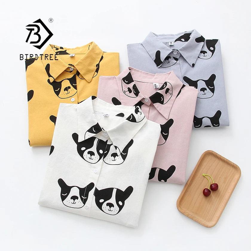 

2019 New Dog Cartoon Print Shirt Turn Down Collar Cotton Loose Oversize Batwing Sleeve Student School Blouse Feminina T8D406M