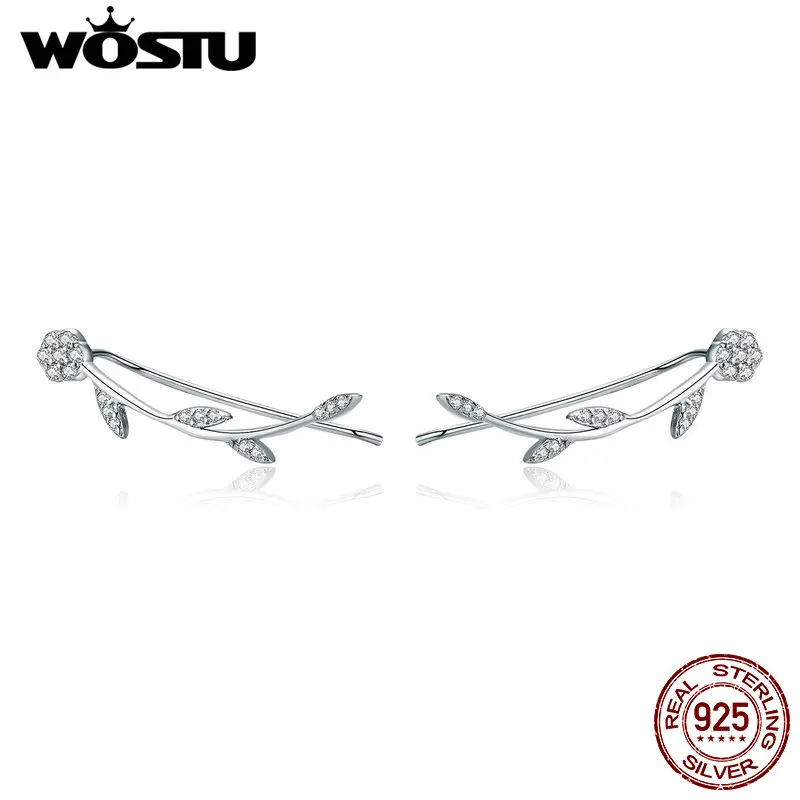 WOSTU, высокое качество, 925 пробы серебряные серьги-гвоздики с сияющими листьями для женщин, модные ювелирные изделия из стерлингового серебра FIE266