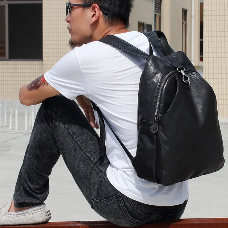 Fashion Preppy Style Unisex School Backpack Solid Black Men Leather Backpack Travel Backpack Bag Men Bag