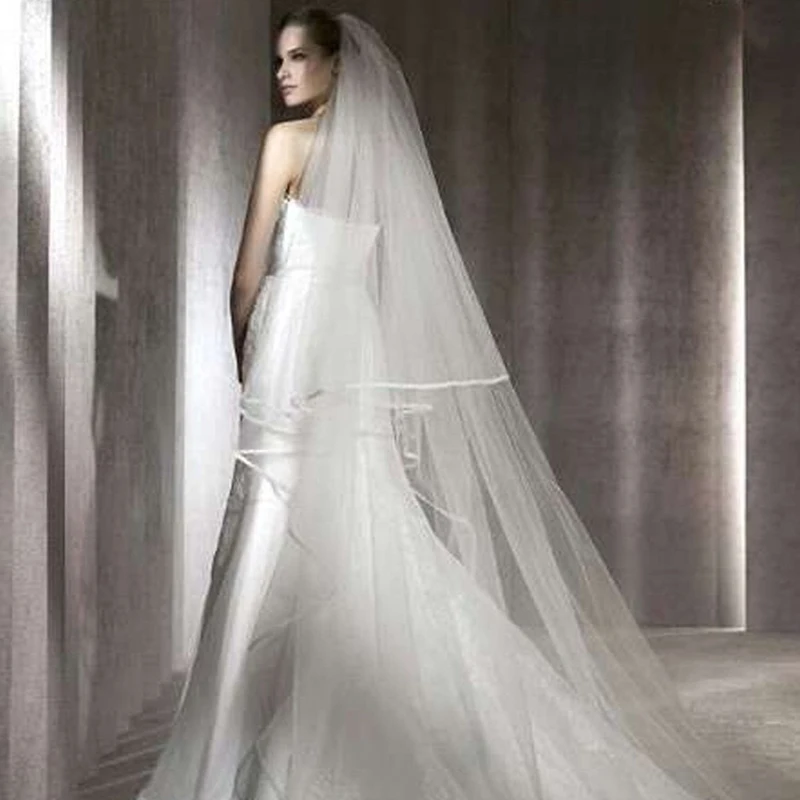 

3 M Cathedral Wedding Veil 2 Layeres Long Bridal Veils With Comb Ribbon Edge Woman Marry Gifts 2019 New Accessories