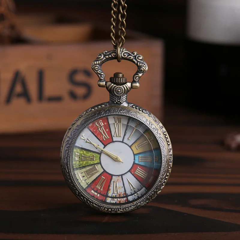 Retro Rome Number Bronze Colorful Dial Quartz Pocket Watch Necklace Pendant