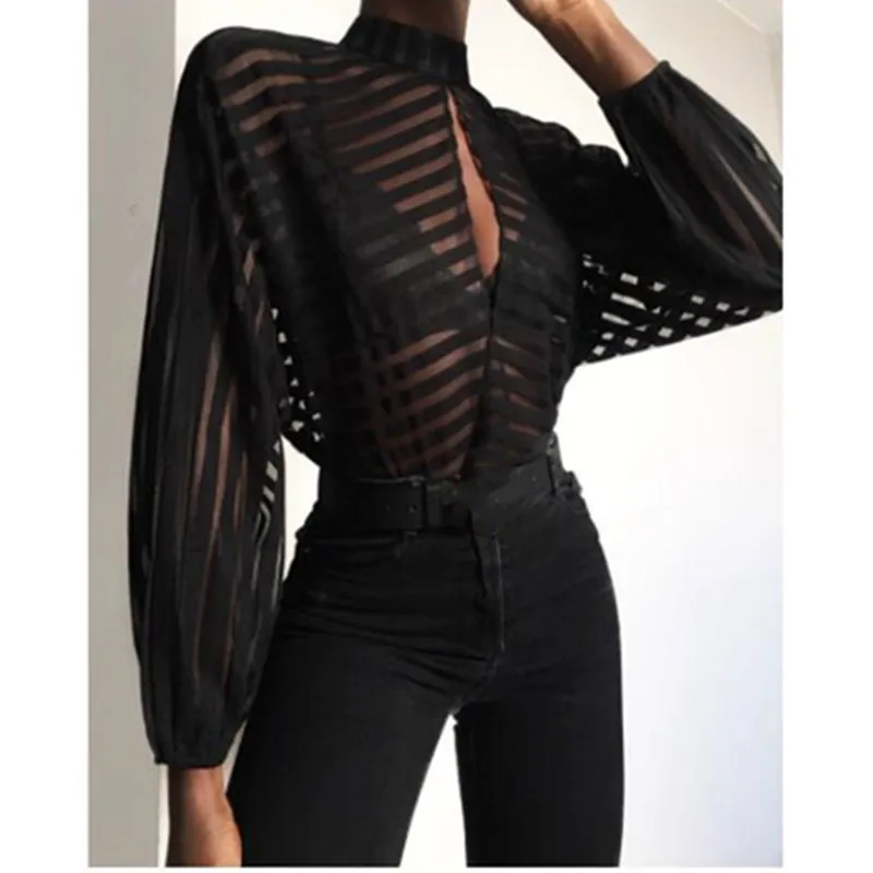 

Women Sexy Stripes Mesh Blouse Elegant Basic Black Casual Shirt Hollow Out Ol Work Streetwear See Through Shirt
