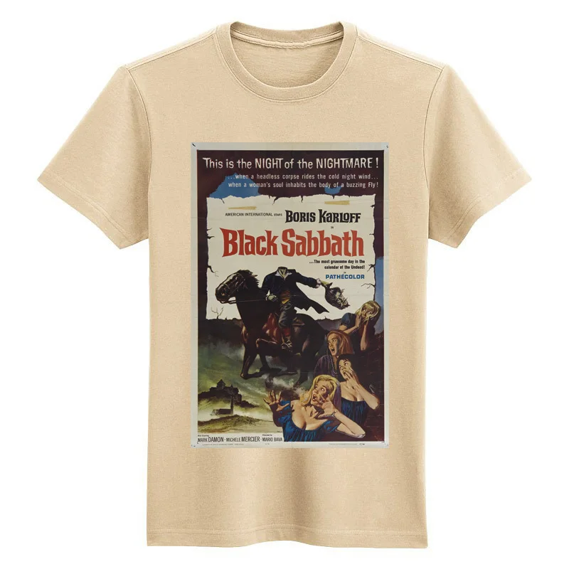 

black sabbath horror movie poster khaki and white man t shirt