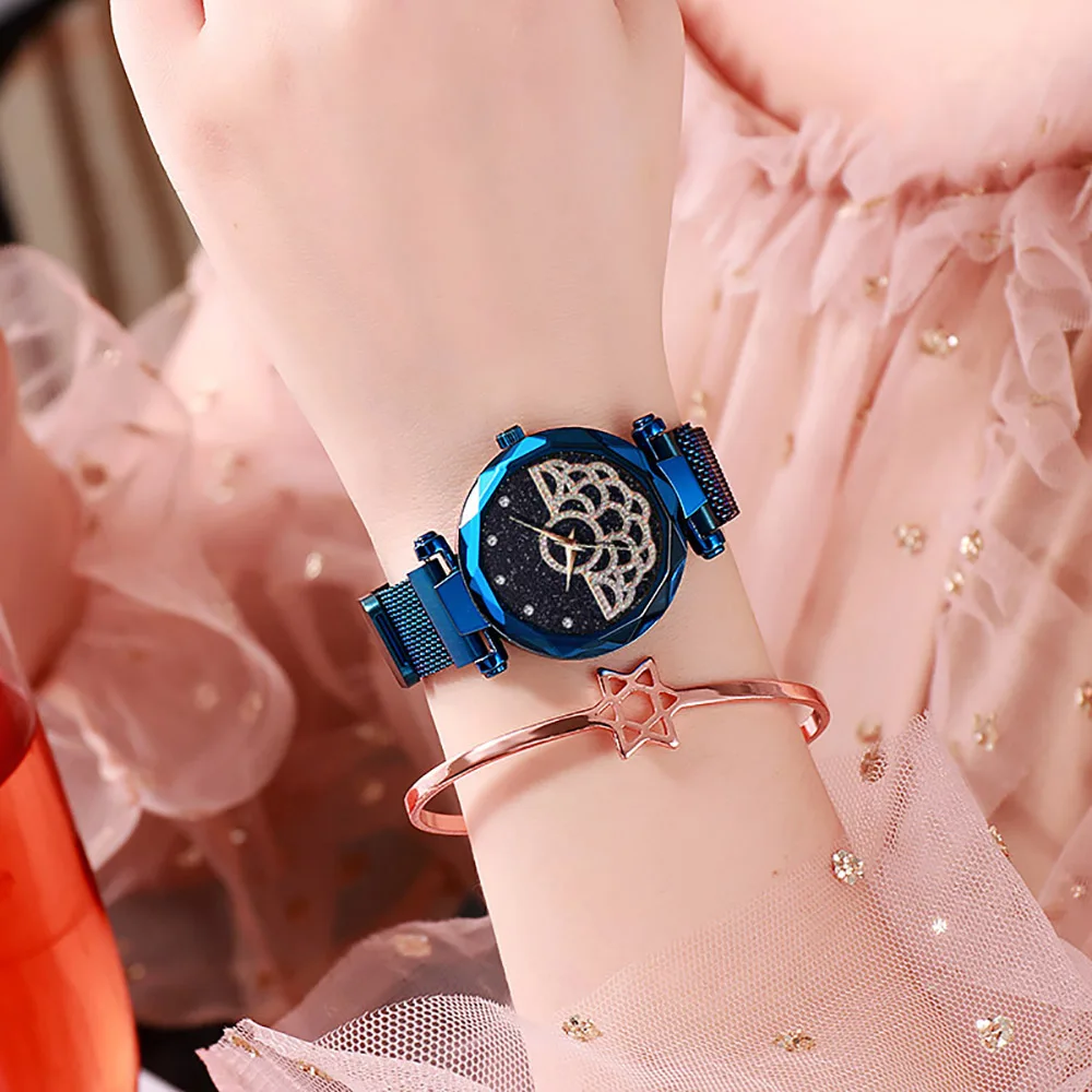 Модные женские часы звездного неба с магнитной пряжкой, бриллиантовые часы из нержавеющей стали с сетчатым ремешком, Роскошные Дизайнерские наручные часы