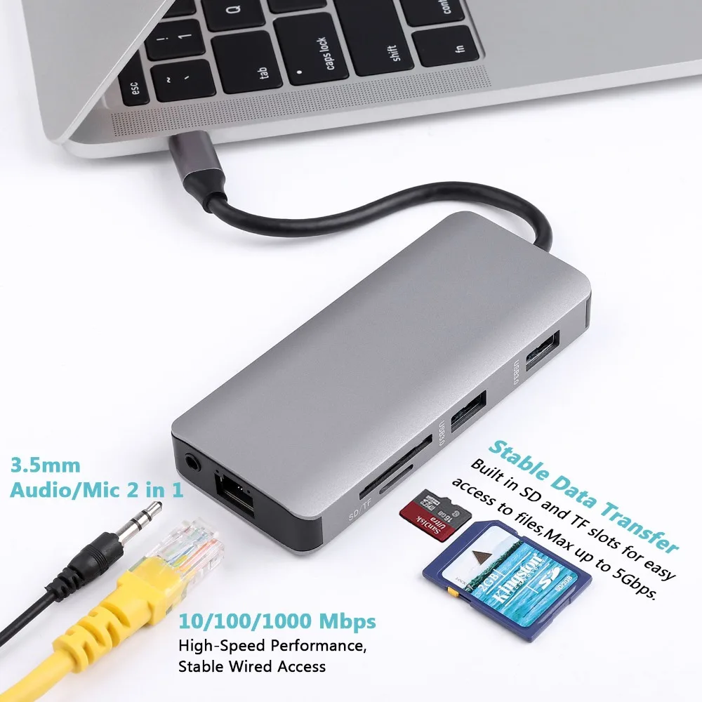 9 в 1 USB-C концентратор типа C до 3,5 мм аудио микрофон 4 к HDMI VGA RJ45 lan-адаптер с usb-разъемом 3,0 SD TF кардридер type C зарядка PD адаптер концентратор