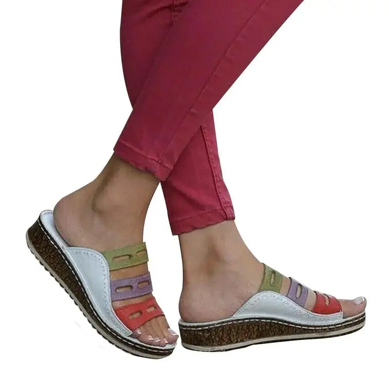 

1Pair Chic Summer Women Lady Fashion Stitching Color Casual Low Wedge Heel Beach Open Peep Toe Sandals Slippers Shoes Plus Size