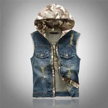 Neue männer Kapuzen Camouflage Jeansweste Männer Camo Marke Kleidung Männlichen Jeans Weste Mann Ärmellose Jacken, LA038