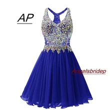 Angelsbride-robe de Cocktail, robe de soirée, grande taille, col en v, Sexy, au-dessus du genou, perles de cristal, Mini, 8e année