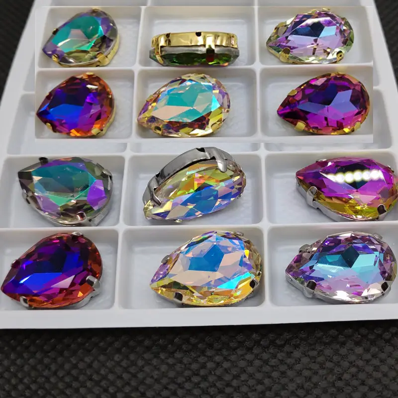 Top K9 Glass Sew On Stone k9 GLASS Crystals Teardrop Fancy with Metal Claw Setting 10x14 13x18mm Pear Sewing Rhinestone | Дом и сад