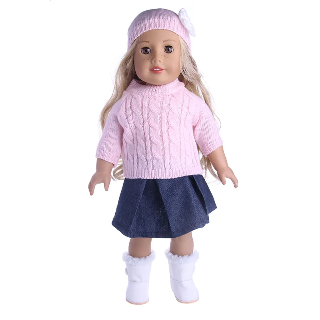  Fashion 3 pieces a set doll clothes Sweater Top Hat Pleated Jeans Skirt for Doll Girl 18'' Doll Clothes
