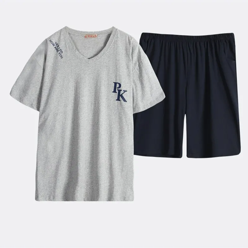 

Free Shipping Men's Plus Size Short Sleeve Shorts V Collar Sleepwear Set Soft 100% Cotton Pajamas Nightgown Summer Homewear 5XL