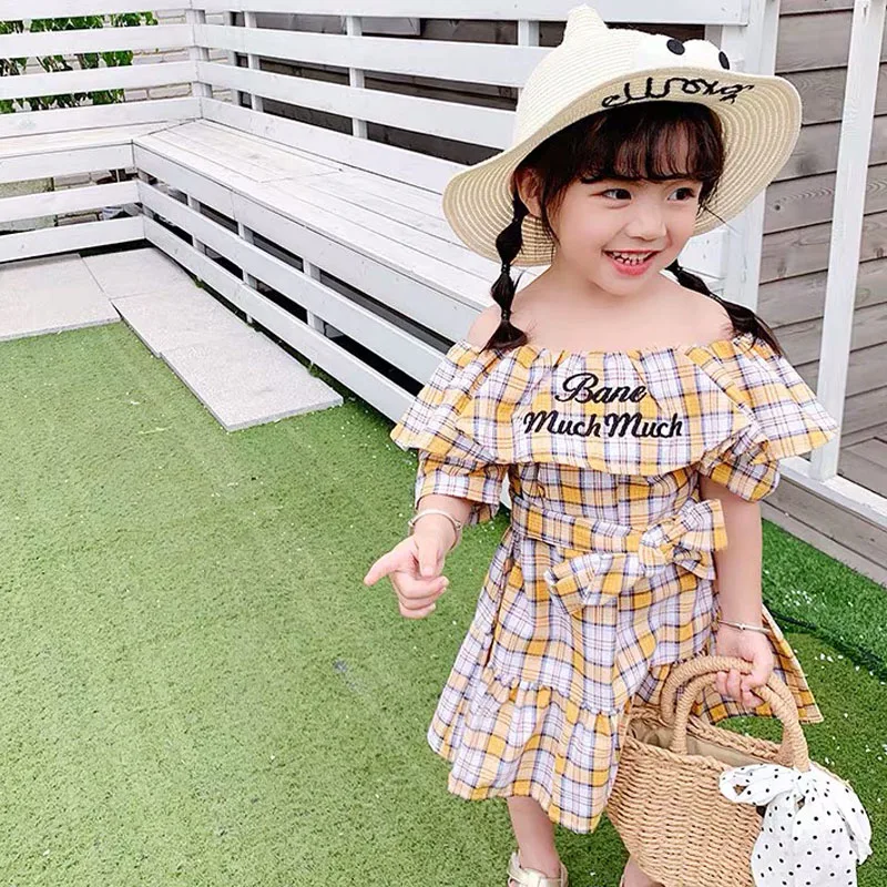 

Summer girls dress Kids vestidos children vacation clothes baby dress shoulderless check plaid print waist lacing 2 to 7 yrs