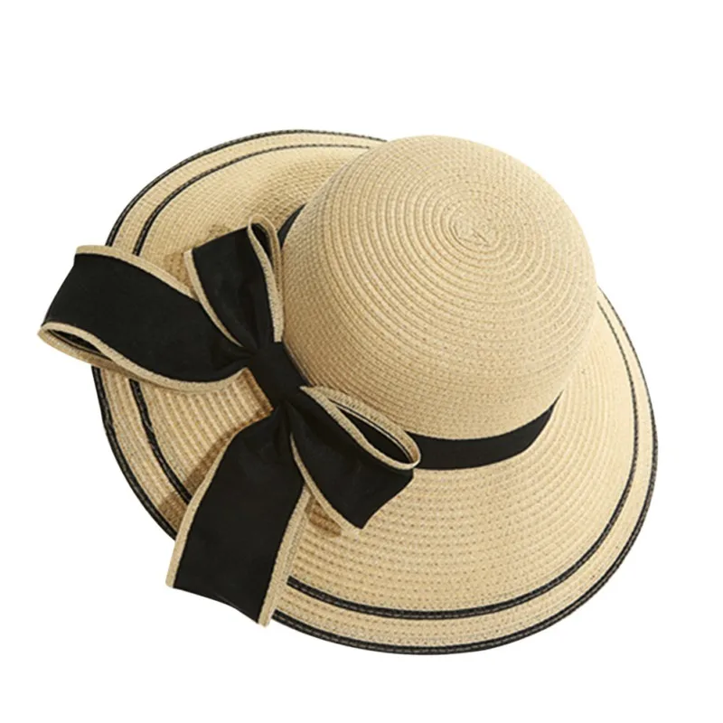 New Straw Bow Bandage Hat Summer Sun Flat Hat Boater Hat Women Bow Hats