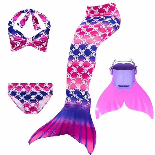 4pcs as picture show Новинка года; детский купальный костюм русалки для девочек; бикини с хвостом русалки и монофином для плавания; купальный костюм для костюмированной вечеринки - Цвет: 4pcs as picture show