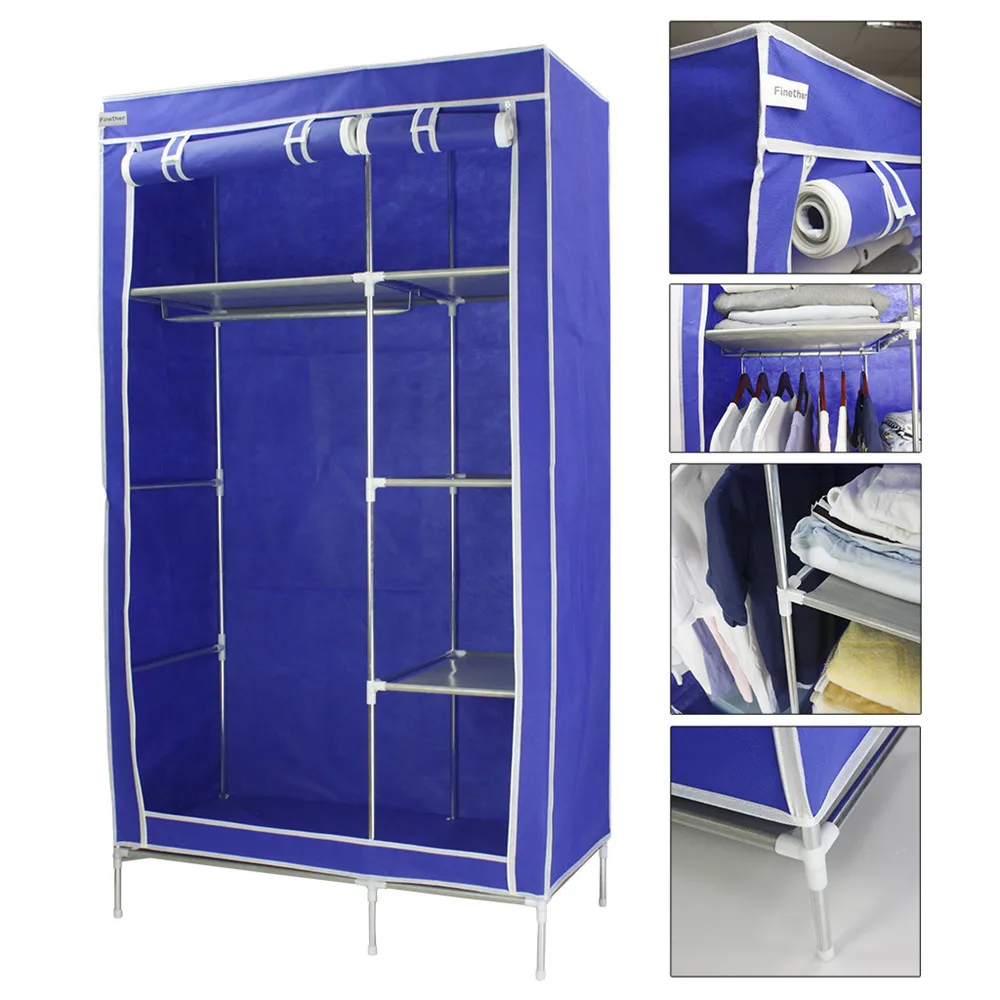 Finether высококачественный двойной модульный Тканевый шкаф в металлической рамке, полки для одежды органайзер Висячие рельсы Шкаф Холст-синий