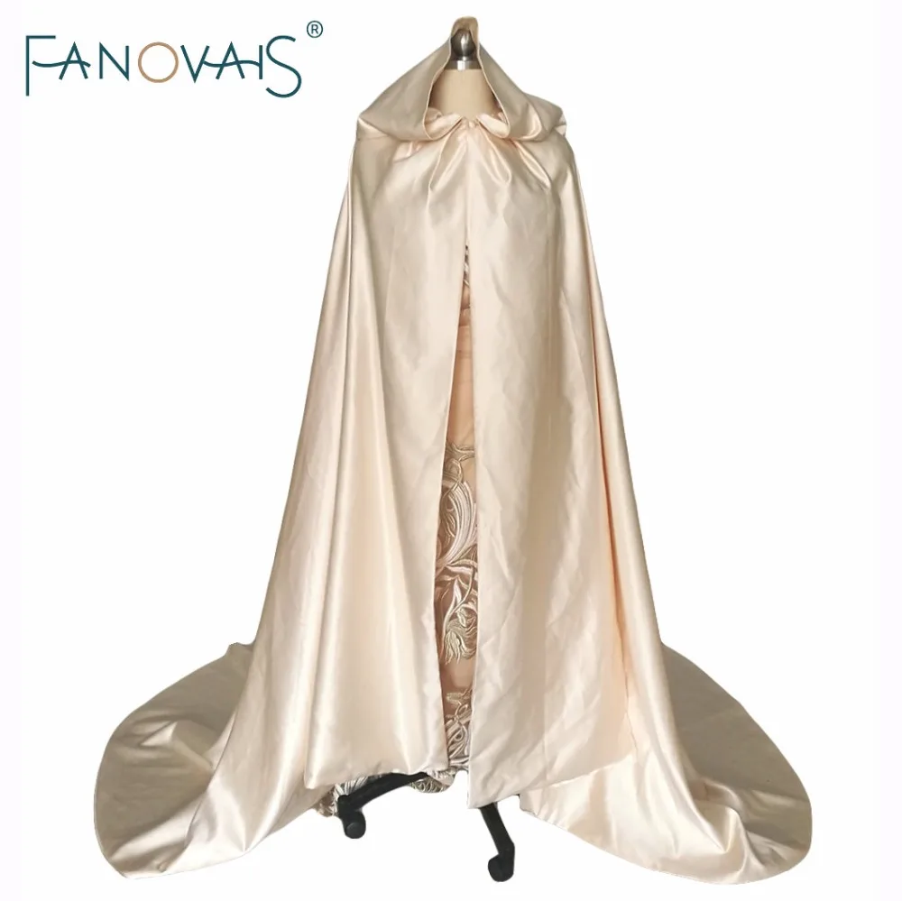

Champagne Floor Length Wedding Cloak Simple Satin Bridal Hooded Cape Winter Wedding Jacket 2019 Cheap Wedding Accessories