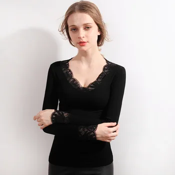 

JINUO New Design Autumn and Winter Women Thermal Underwear V-Neck Sexy Lace Slim Bottoming Shirt Top Body Shaping Belly