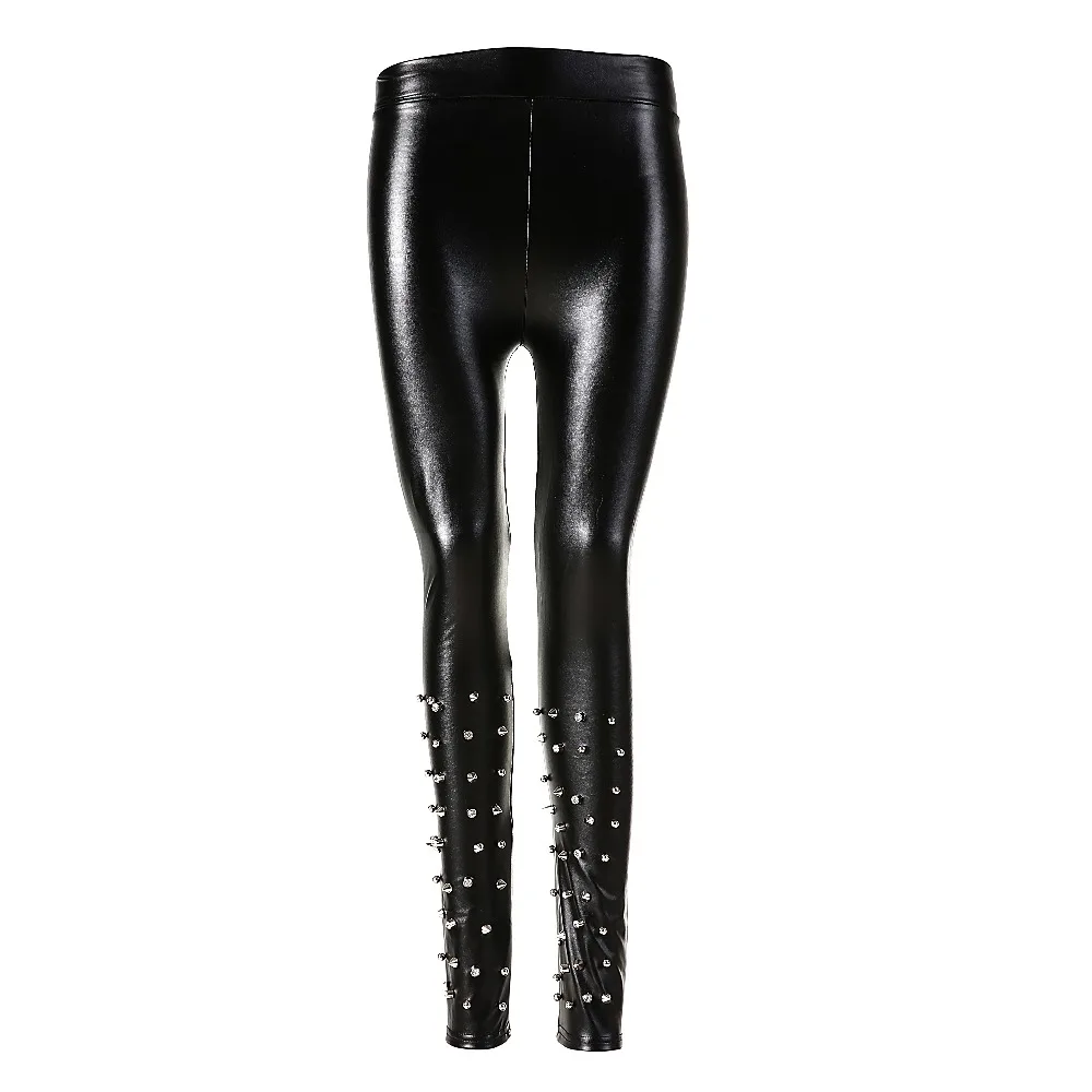 2017 Ladies Leggings Sexy Slim Knees Patchwork Lace Rivets Temperament Leather PU Fashion Pants