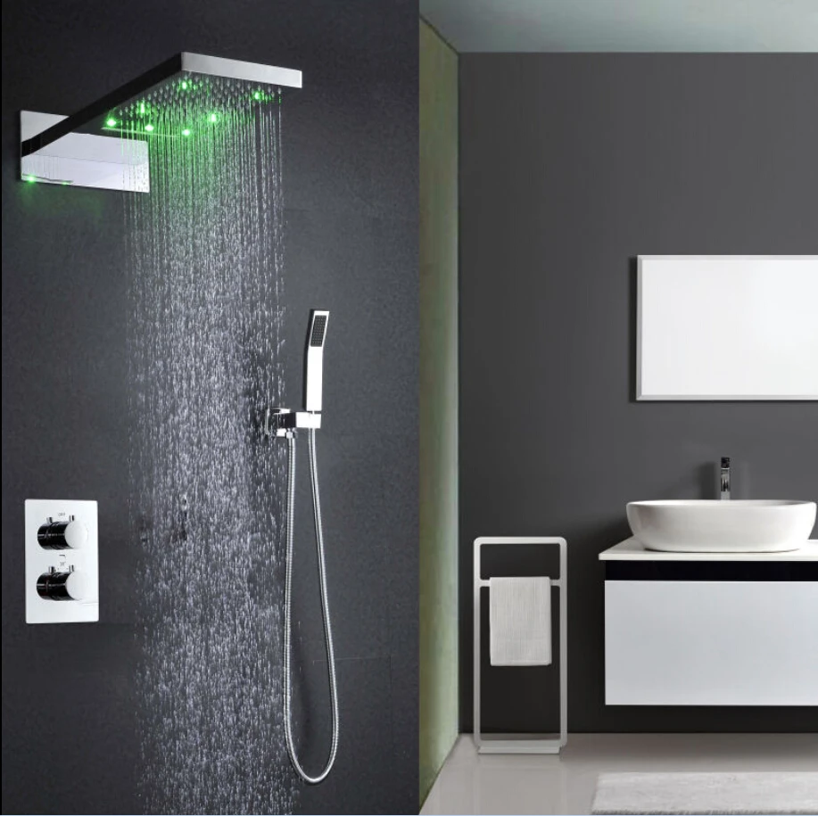 

Free Shipping 230*550*30mm Concealed Mount led Waterfall Rainfall thermostatic Shower Sets 001