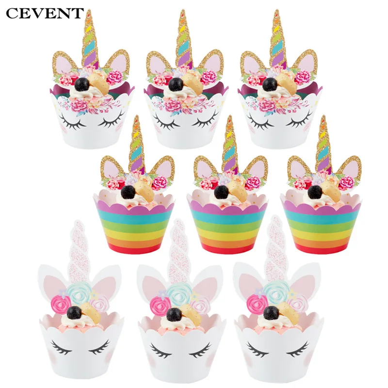 

CEVENT 1set Unicorn Birthday Cup Cake Decoration (12PCS Cupcake Wrappers +12PCS Cake Topper) DIY Party Cake Decorating Tool