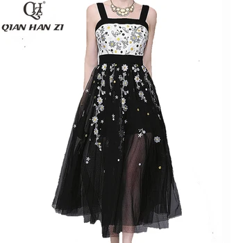 

Qian Han Zi newest 2019 Designer fashion runway dress Women Strap Sexy Online Elegant Embroidered Beach Resort Party Long Dress