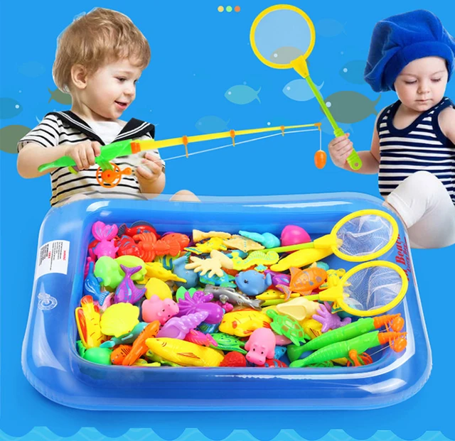 67pcs Baby Swimming Pool Magnetic Fishing Toy Set Fishing Ducks Game with  Inflatable Pool Net Rod House Toys for Kids