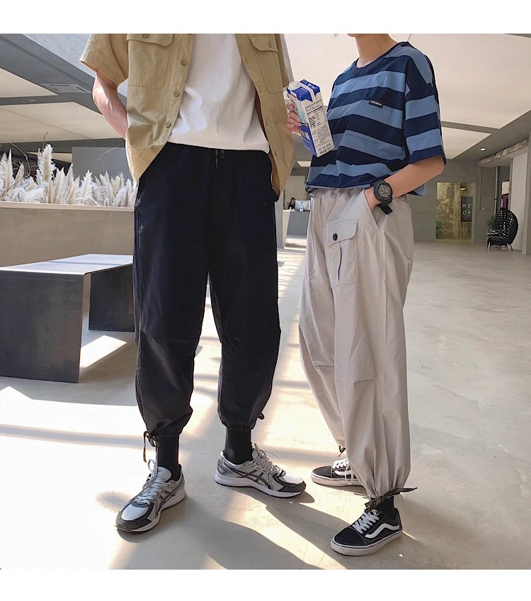 Spring And Summer New Korean Fashion Cotton Hip Hop Couple Handsome Solid Color Pocket Cute Dating Casual Trousers