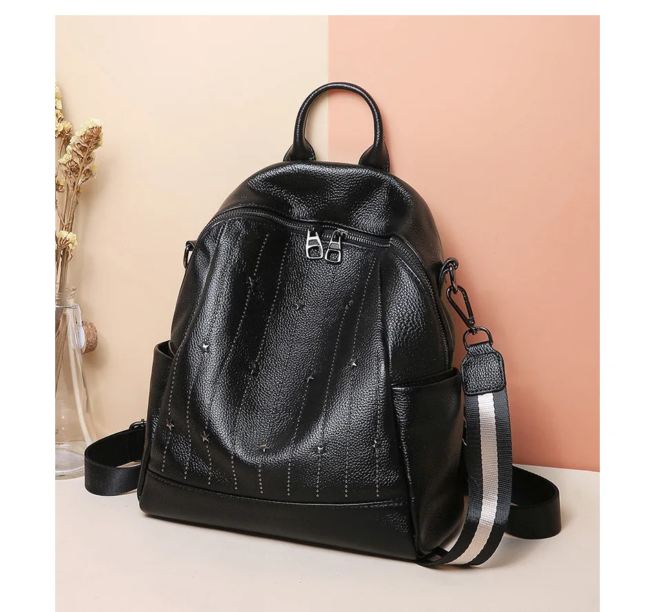 Zency натуральная кожа Повседневный рюкзак для женщин с заклепками стиль преппи школьная сумка высокого качества черная Дорожная пляжная сумка