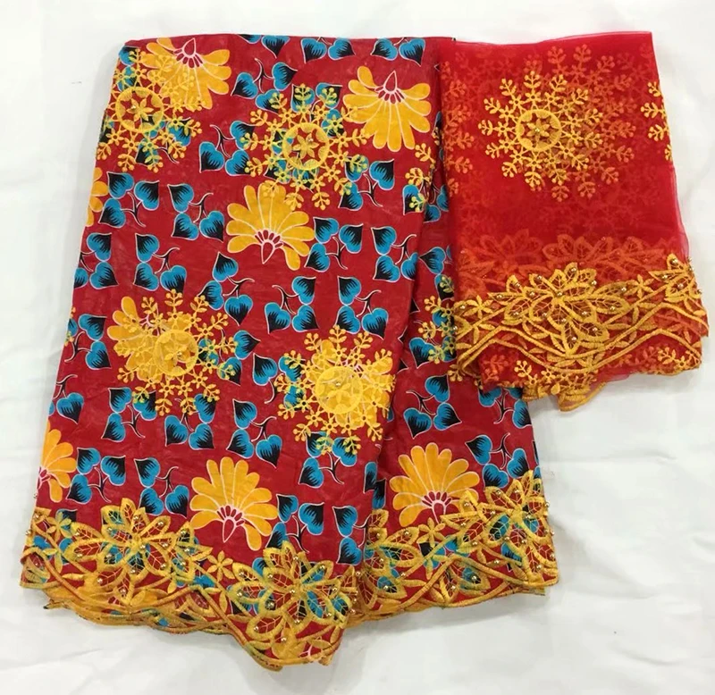 

Latest African Bazin Riche Lace Fabric High quality Red Color Bazin Riche fabric 5 yards+2 yards net lace fabric for party dress