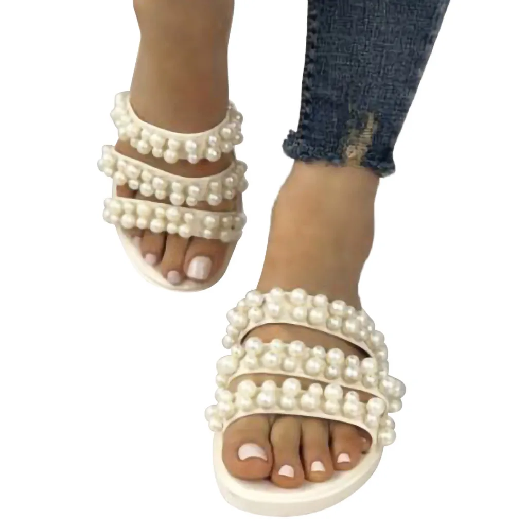 Домашние тапочки с жемчужинами; женские пляжные сандалии на плоской подошве, украшенные кристаллами, струна из бисера; элегантная обувь
