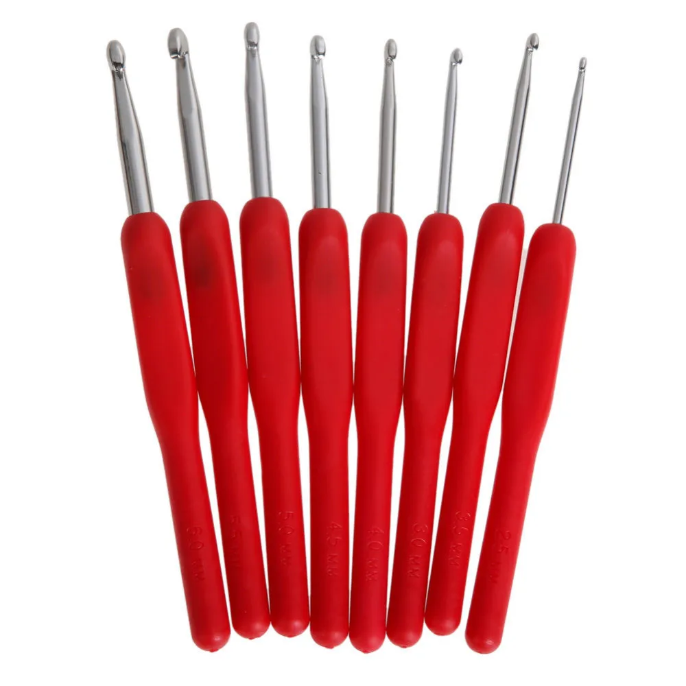 8Pcs 8 Sizes Soft Smooth Plastic Red Handle Aluminum Crochet Hooks