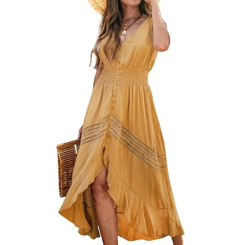 CUPSHE элегантное тонкое длинное платье макси с v-образным вырезом и пуговицами новое летнее пляжное желтое гофрированное платье-рубашка без рукавов Vestido - Цвет: Цвет: желтый
